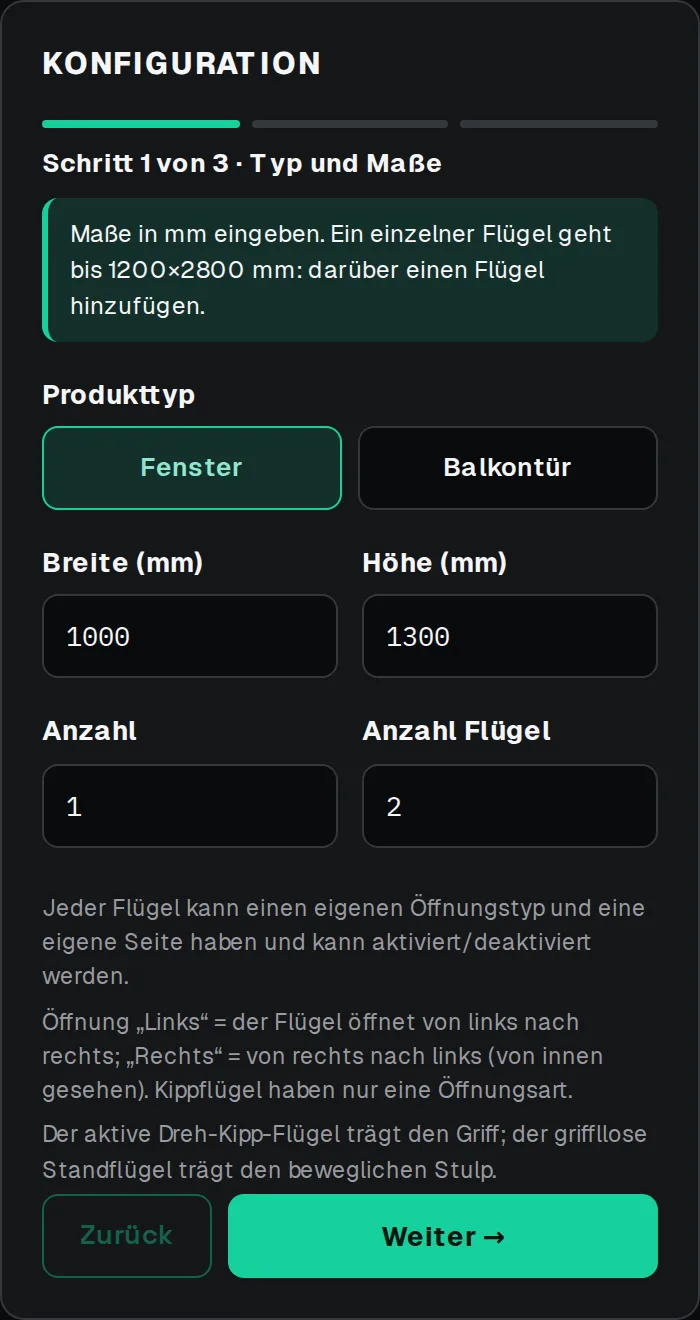 Erster Schritt des Konfigurators: Produkttyp, Breite, Höhe, Stückzahl und Anzahl der Flügel