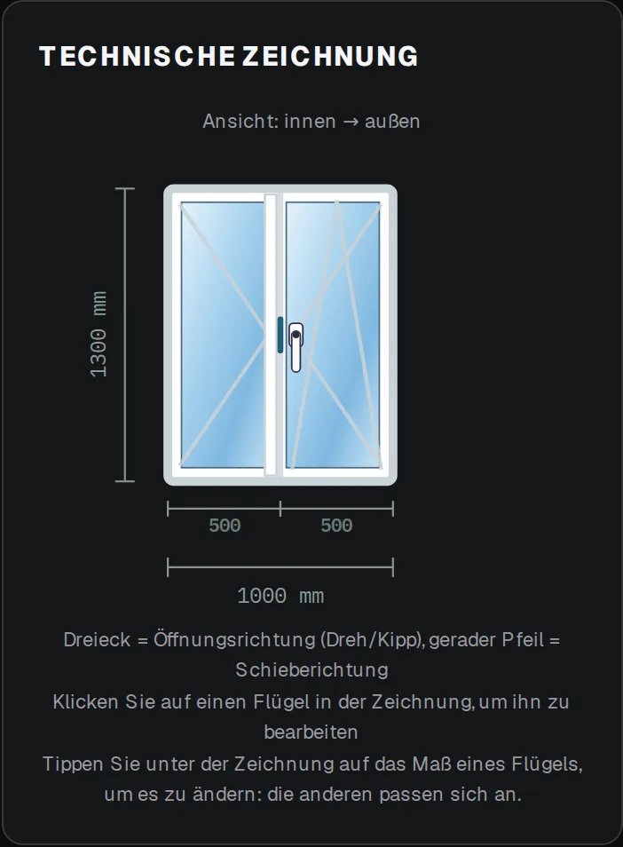 Technische Zeichnung eines zweiflügeligen Fensters mit Maßen in Millimetern