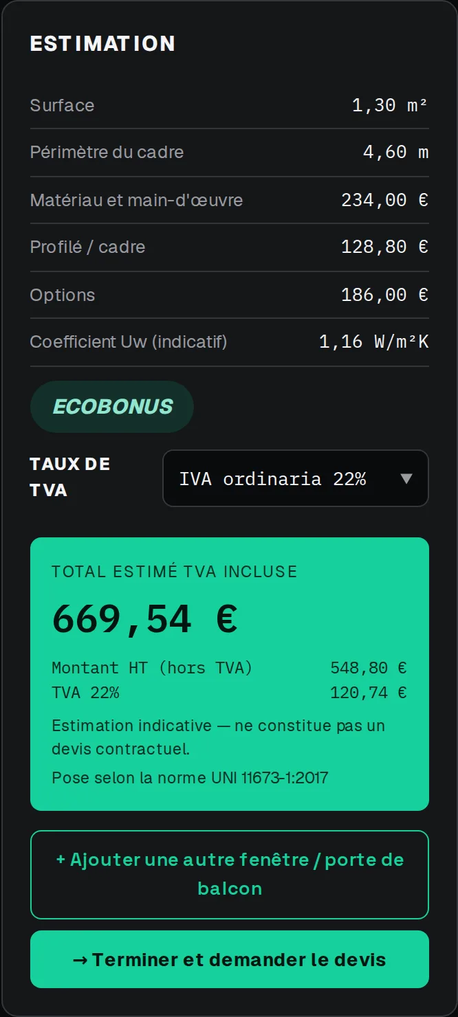 Récapitulatif du devis avec montant HT, TVA et total estimé